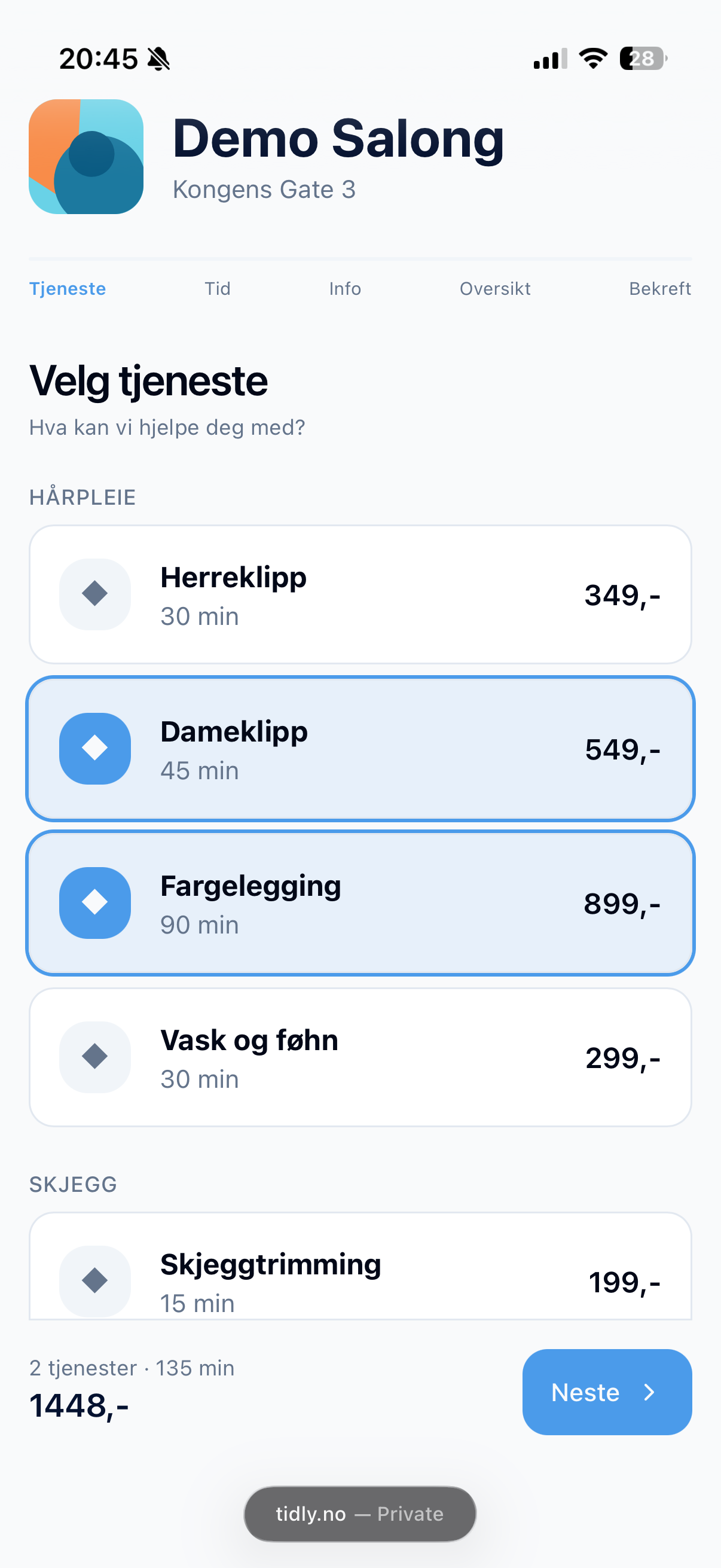 Tidly bookingside — velg tjeneste