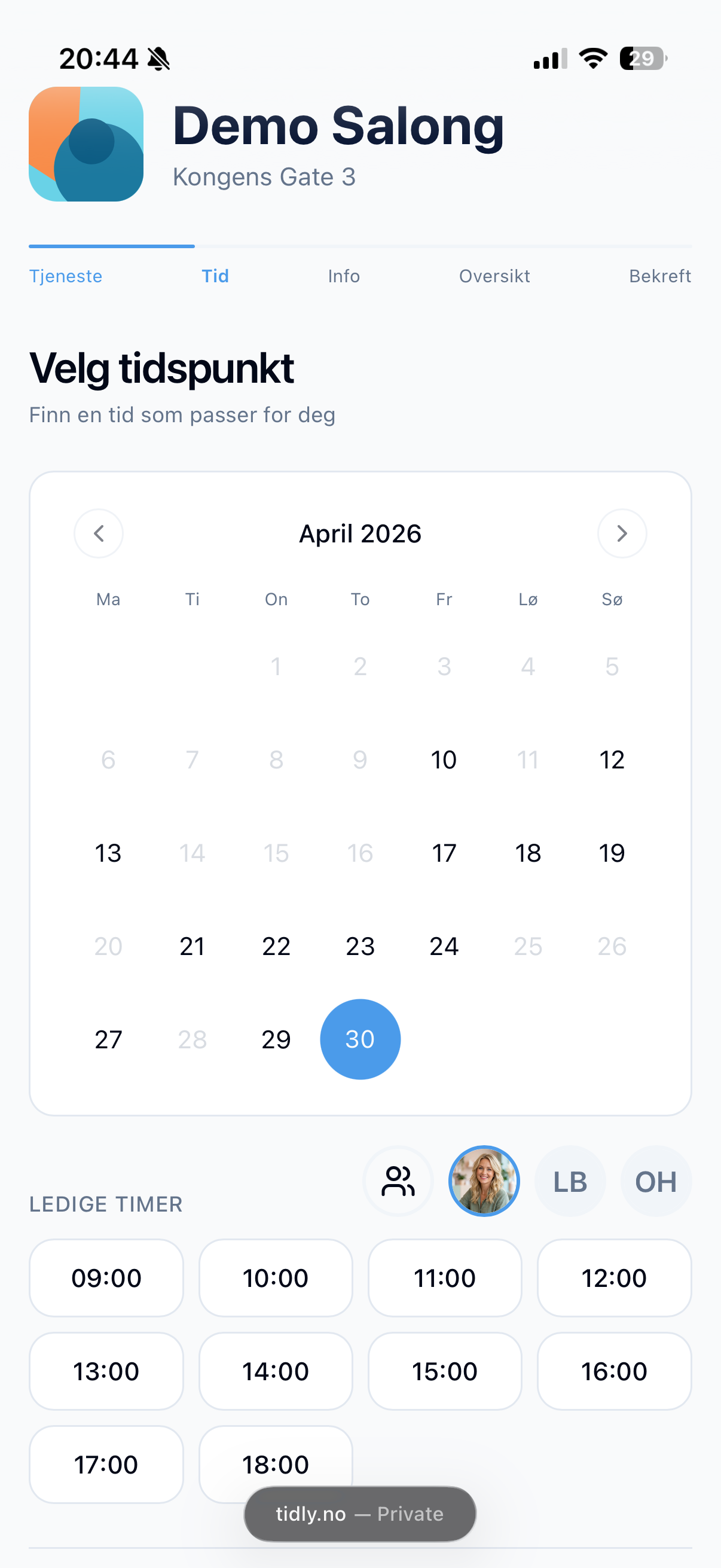 Tidly bookingside — velg tidspunkt