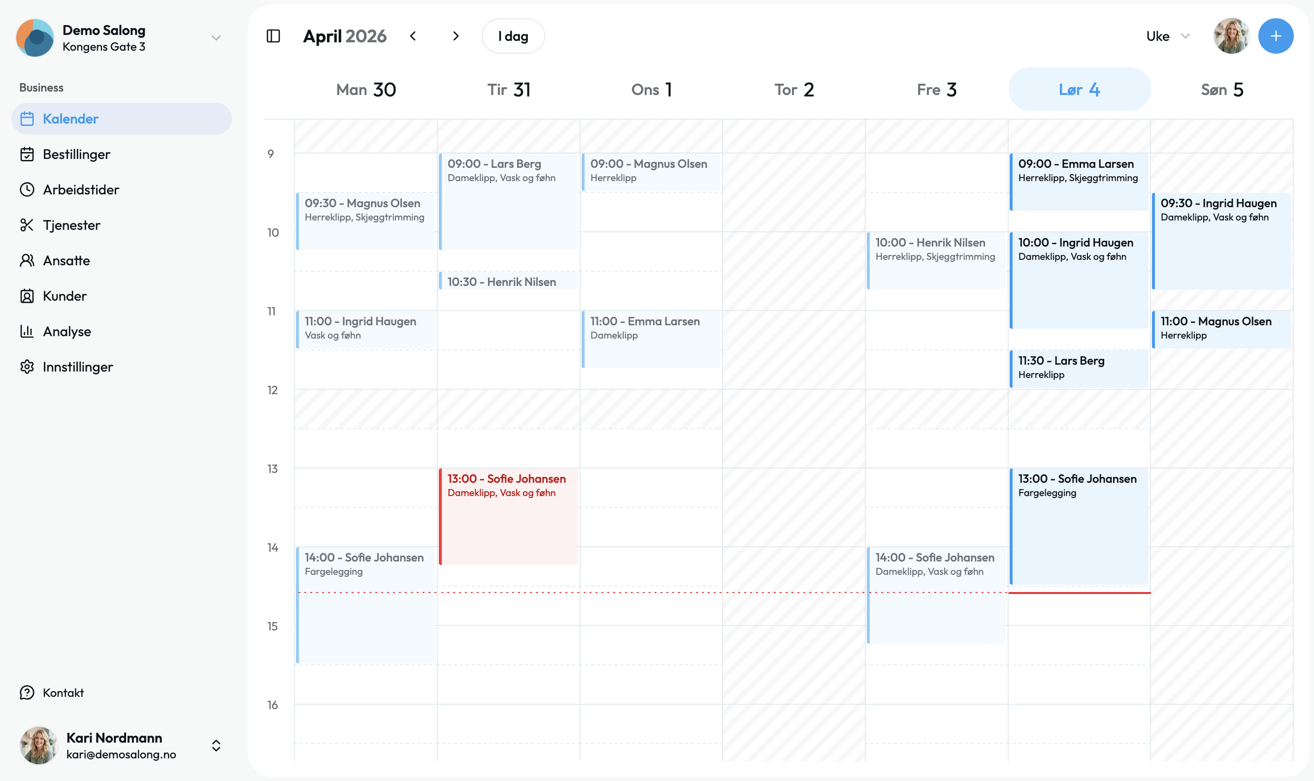 Tidly administrasjonspanel — kalender og timeoversikt