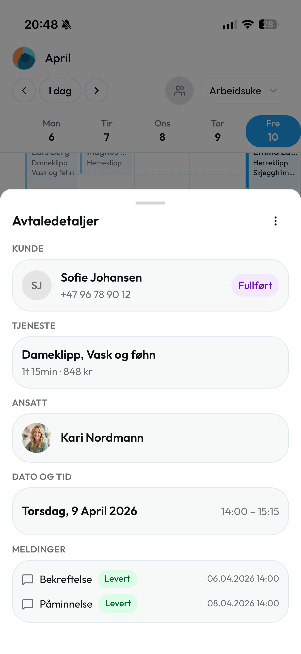 SMS-påminnelse sendt til kunde
